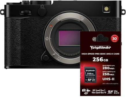 Fujifilm X-E5 schwarz + Voigtländer 256GB UHS-II ultraschnelle Speicherkarte