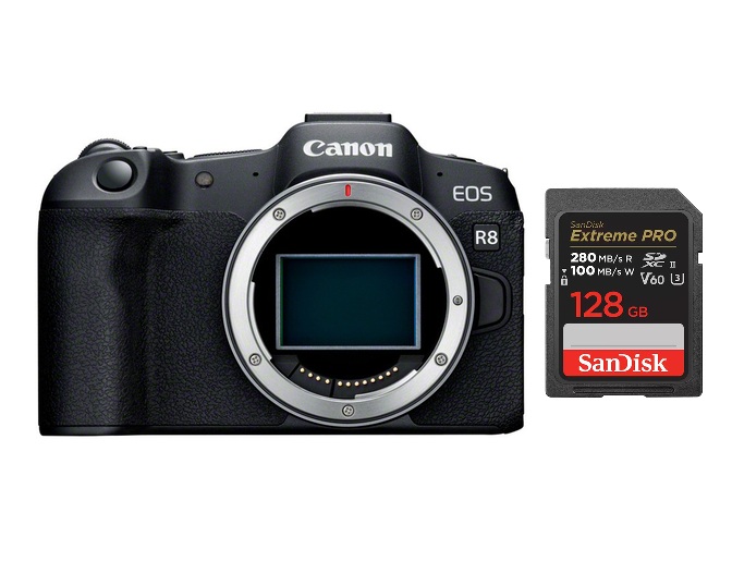 kamera body, spiegellose kamera, APS-C sensor, Canon EOS R8, 128GB SD Karte