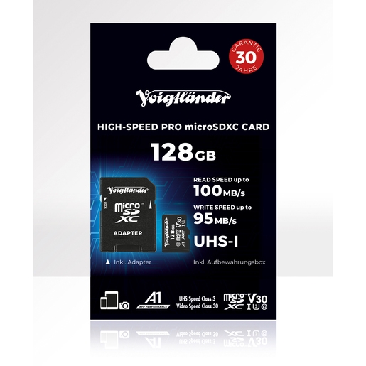 Voigtländer 128GB microSDXC Prof. High- Speed UHS-I, Cl10, U3, V30 (100/95 MB/s) Voigtländer 128GB microSDXC Prof. High- Speed UHS-I, Cl10, U3, V30 (100/95 MB/s)