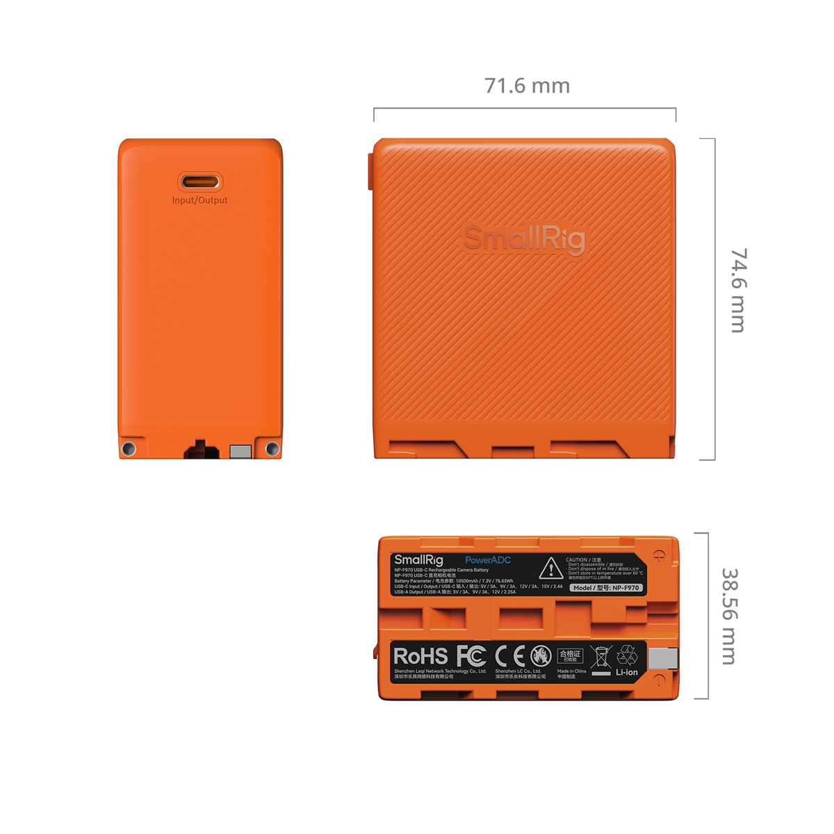 SmallRig 4576 NP-F970 orange, USB-C wiederaufladbarer Akku