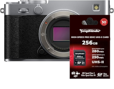 Fujifilm X-E5 silber + Voigtländer 256GB UHS-II ultraschnelle Speicherkarte