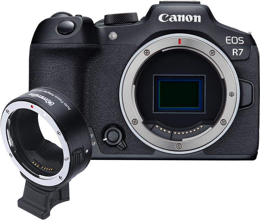 Canon EOS R7 + Commlite Adapter Canon EOS EF/EF-S mit Stativfuss