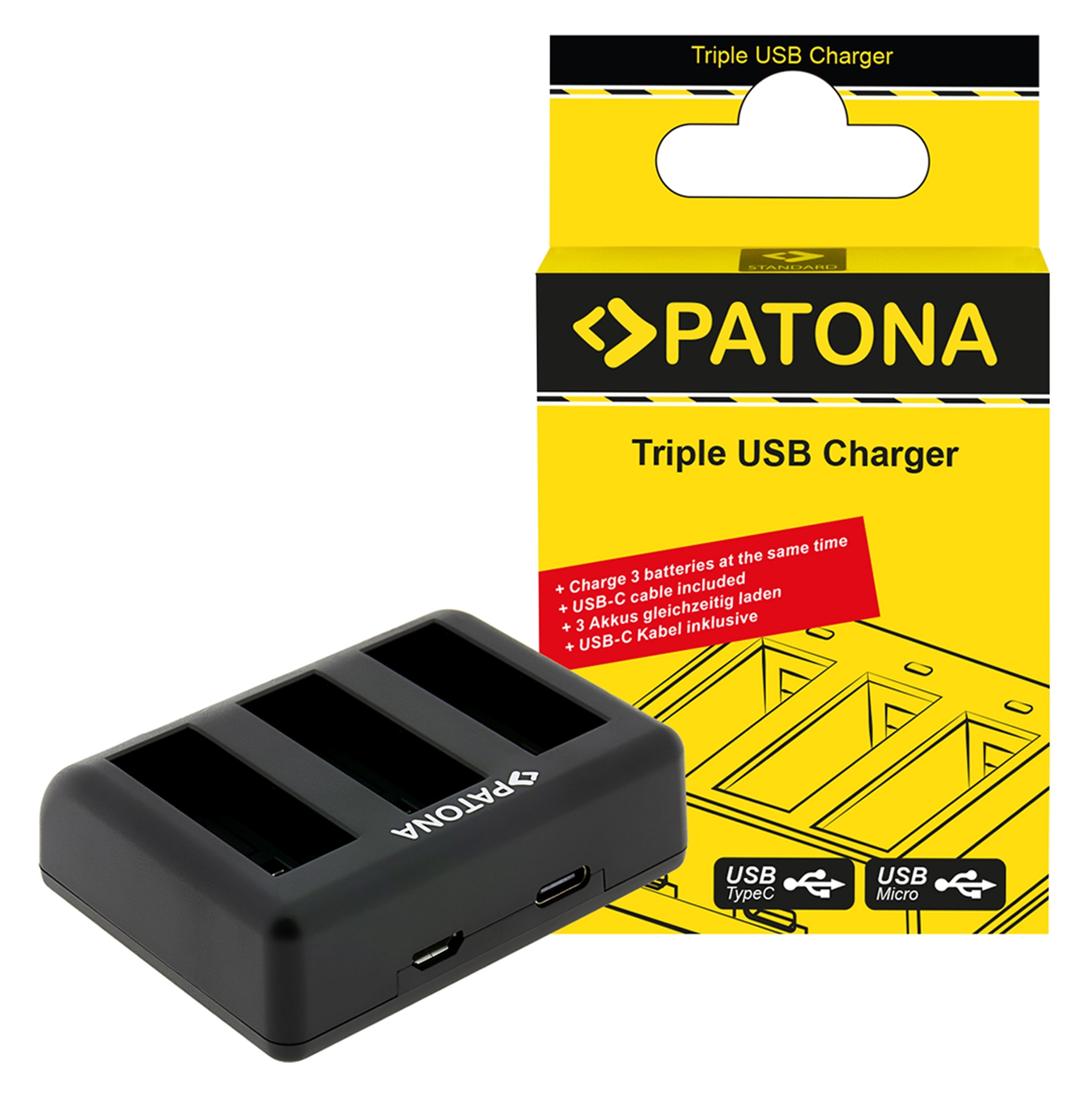 PATONA Triple Ladegerät f. DJI Osmo Action 3 und Osmo Action 4 BCX202 inkl. USB-C Kabel