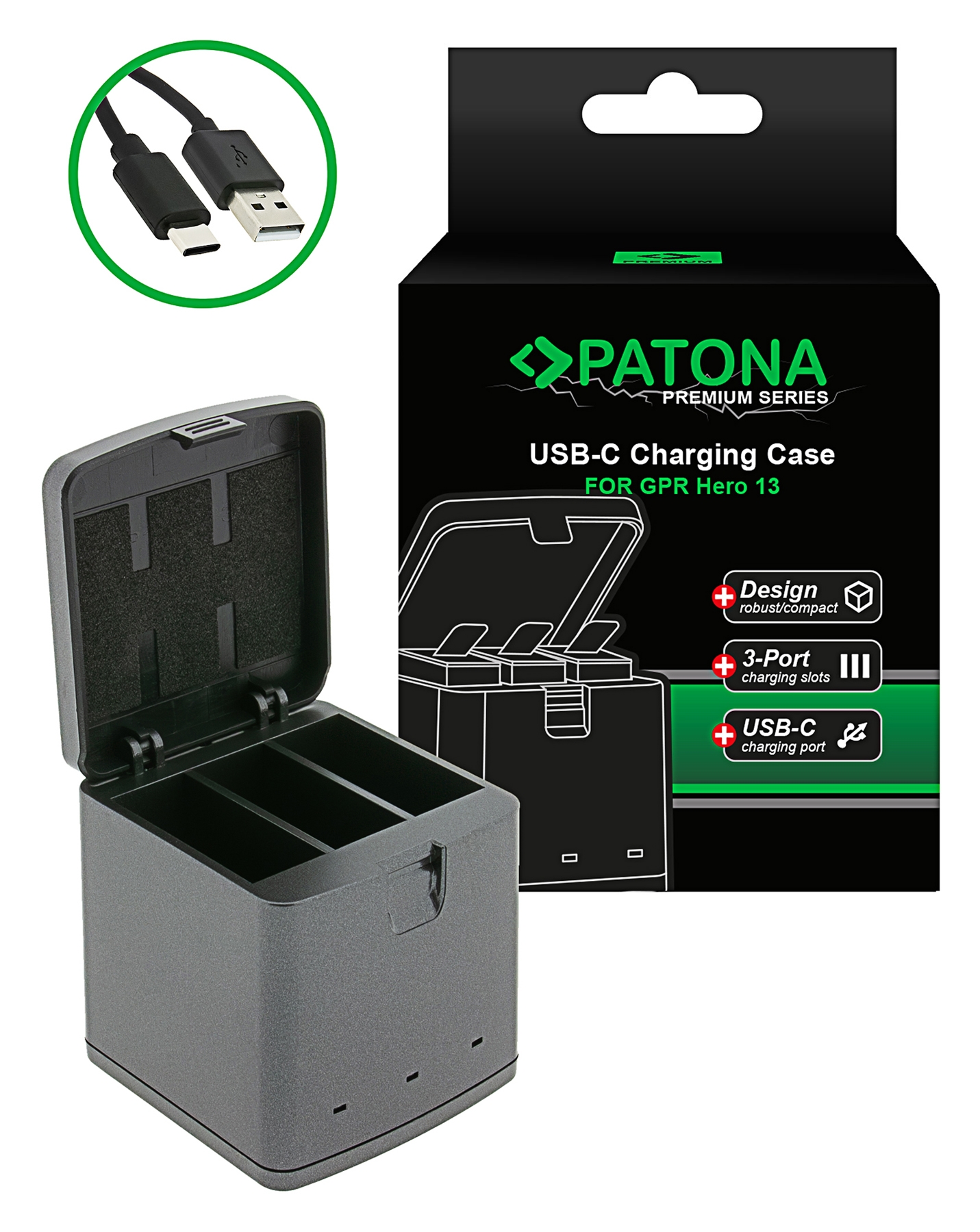 PATONA Premium Tripple-Charger Ladebox für GoPro Hero 13 inkl. USB-C Kabel