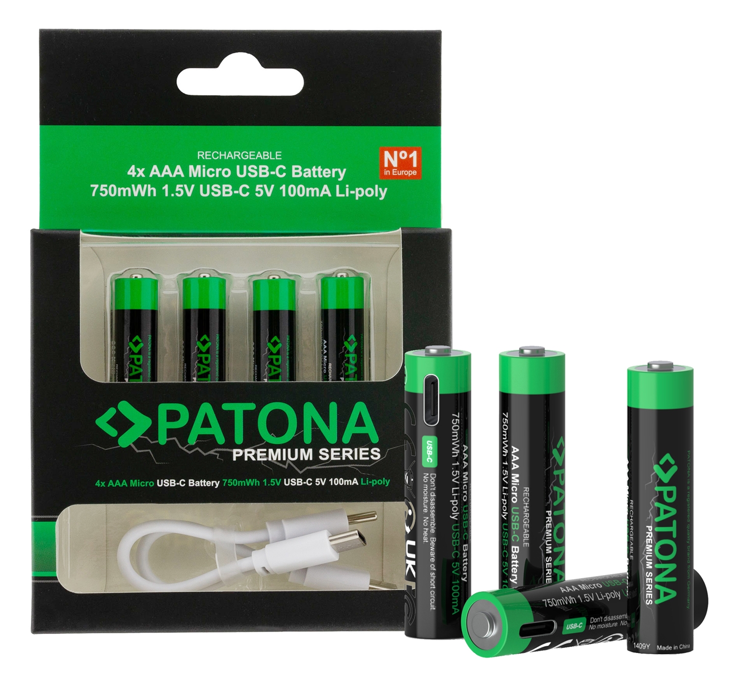 PATONA Premium USB-C 4x AAA Micro Akkus Lithium 750mWh 1.5V aufladbar mit 1 zu 2 USB-C Ladekabel
