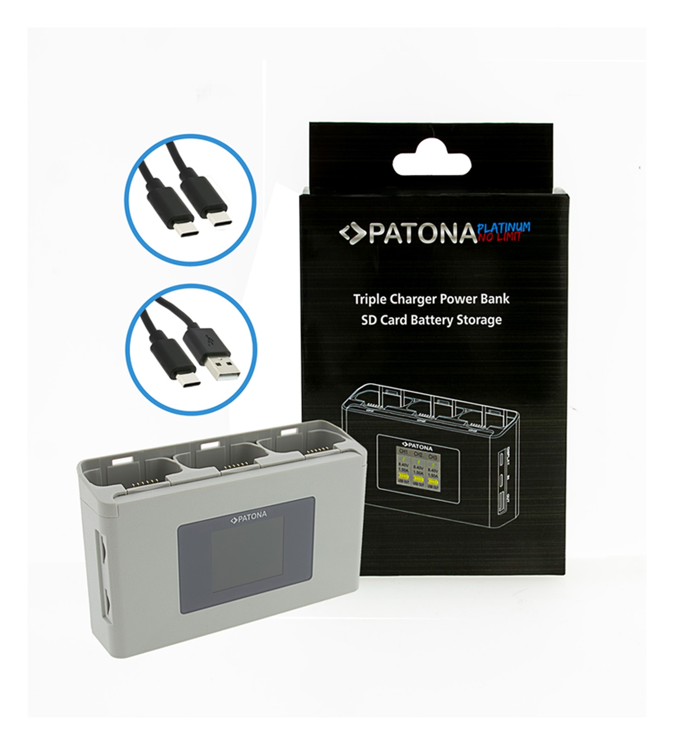 PATONA Platinum Triple Ladegerät BC-JMI2B für DJI Mini 2 und Mavic Mini mit Powerbank Speicherkartenfach