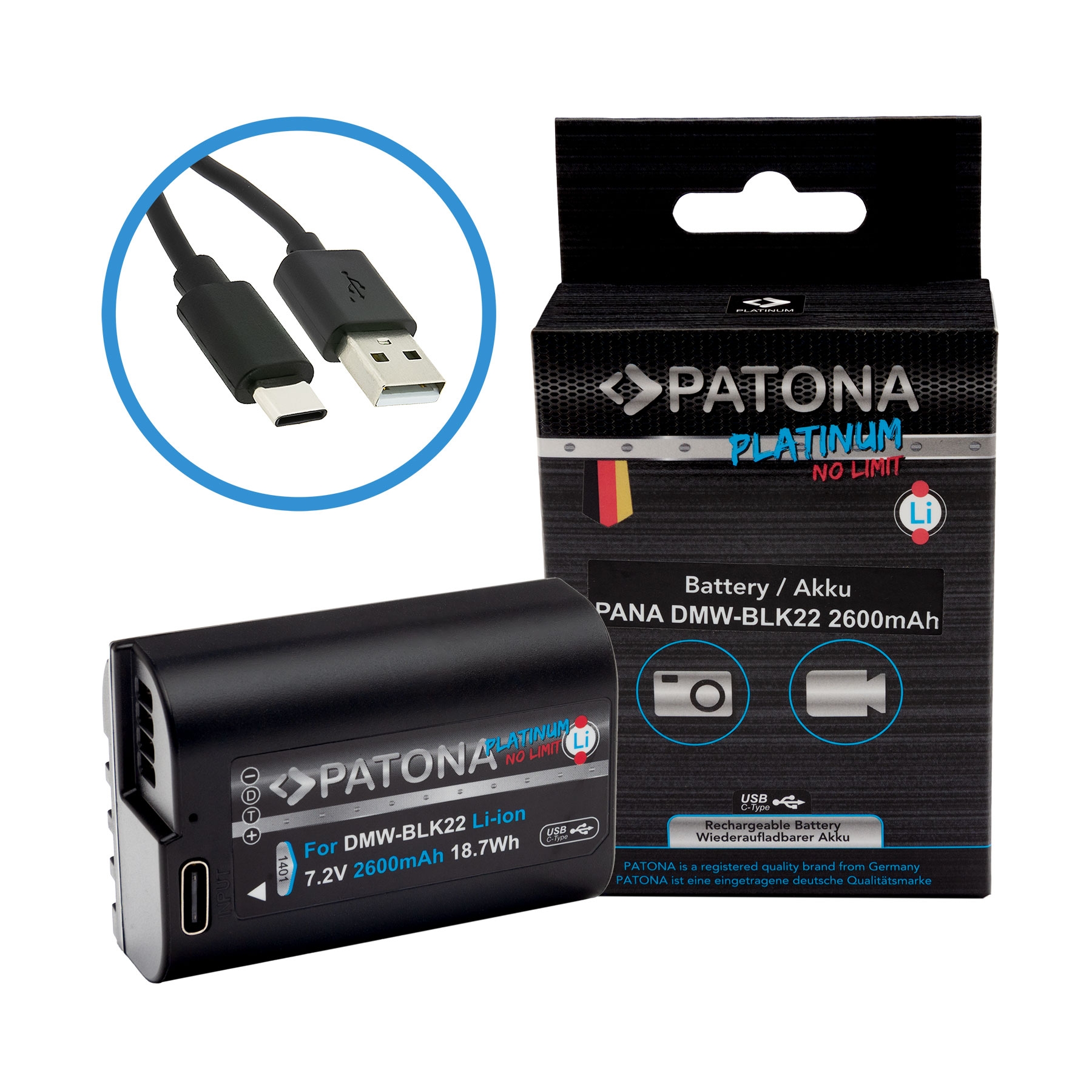 PATONA Platinum Akku mit USB-C Input für Panasonic DMW-BLK22 S5 G9 GH5 GH5S