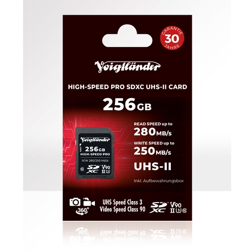 Voigtländer Prof. High-Speed SDXC 256GB, UHS-II, Cl10, U3, V90 (280/250 MB/s) Voigtländer Prof. High-Speed SDXC 256GB, UHS-II, Cl10, U3, V90 (280/250 MB/s)