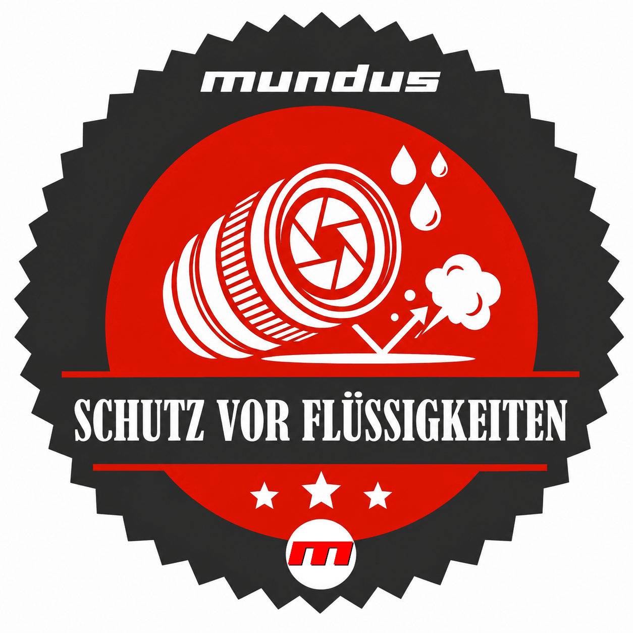 kreisförmiges Siegel, Logo-Abzeichen, rot-schwarz, Schutz vor Flüssigkeiten, Kameras- Blende
