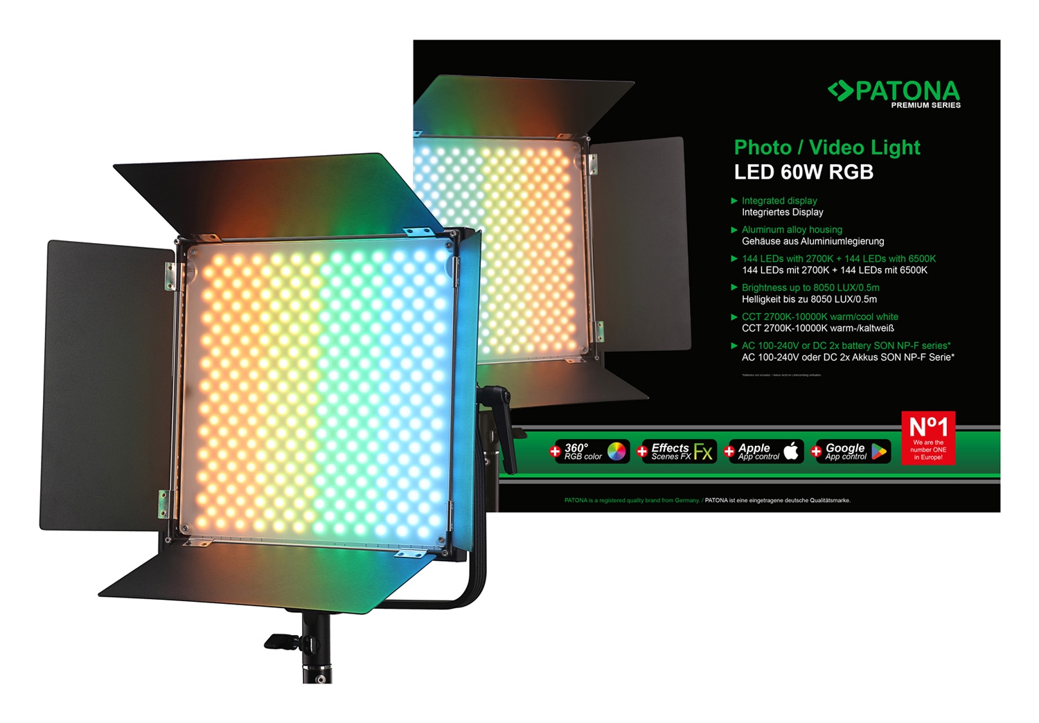 PATONA Premium LED professionelles Fotolicht Videolicht LED 60W RGB
