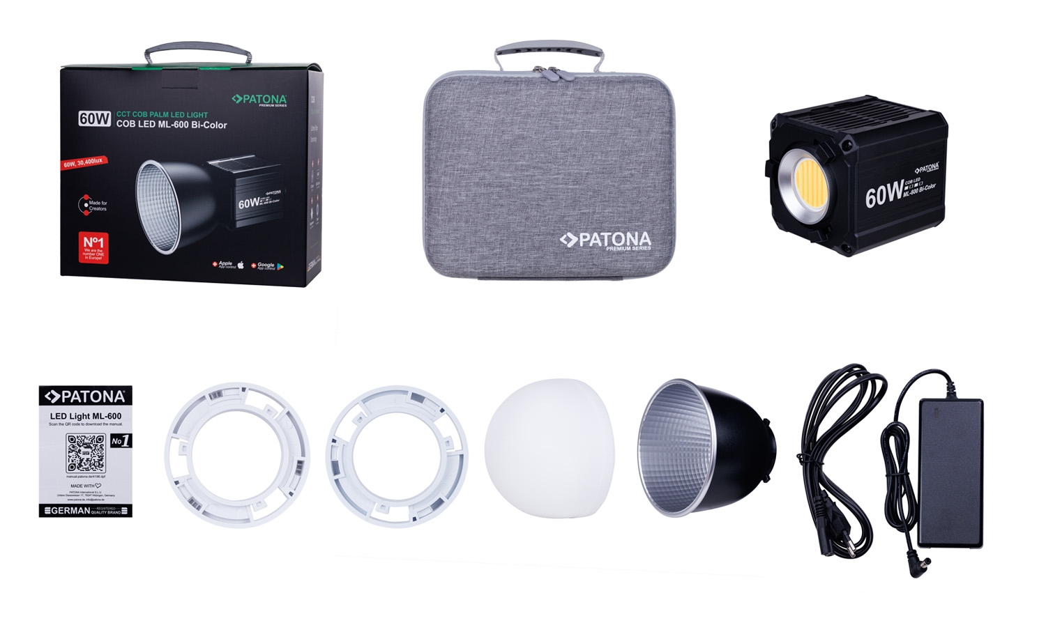 PATONA Premium LED professionelles Fotolicht Videolicht LED 60W COB ML-600 inkl. Tragetasche