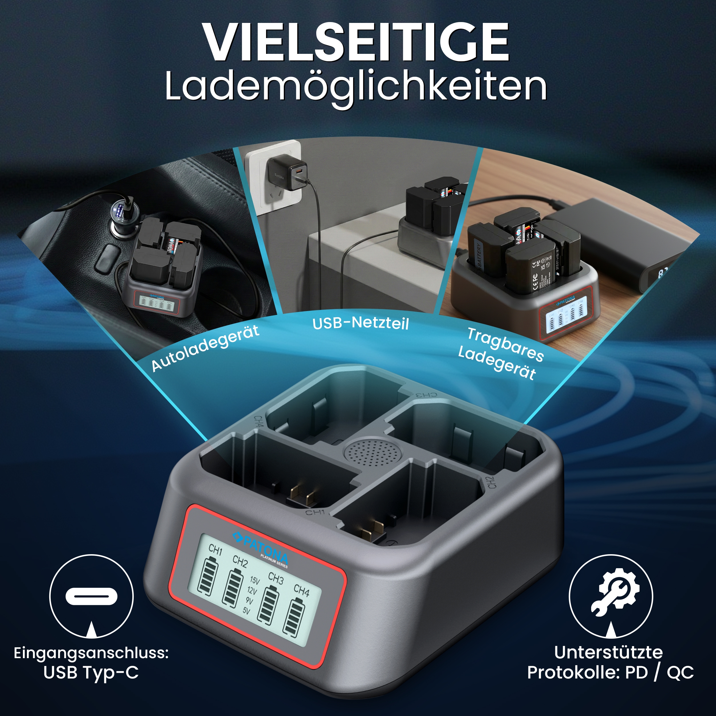 Mehrfach-Ladestation, Ladegerät, USB-C Eingang, PD/QC Schnellladung, Batterieladegerät