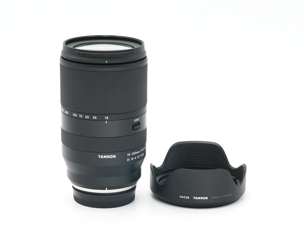 objektiv, telezoom, 18-300mm, Tamron, lens hood