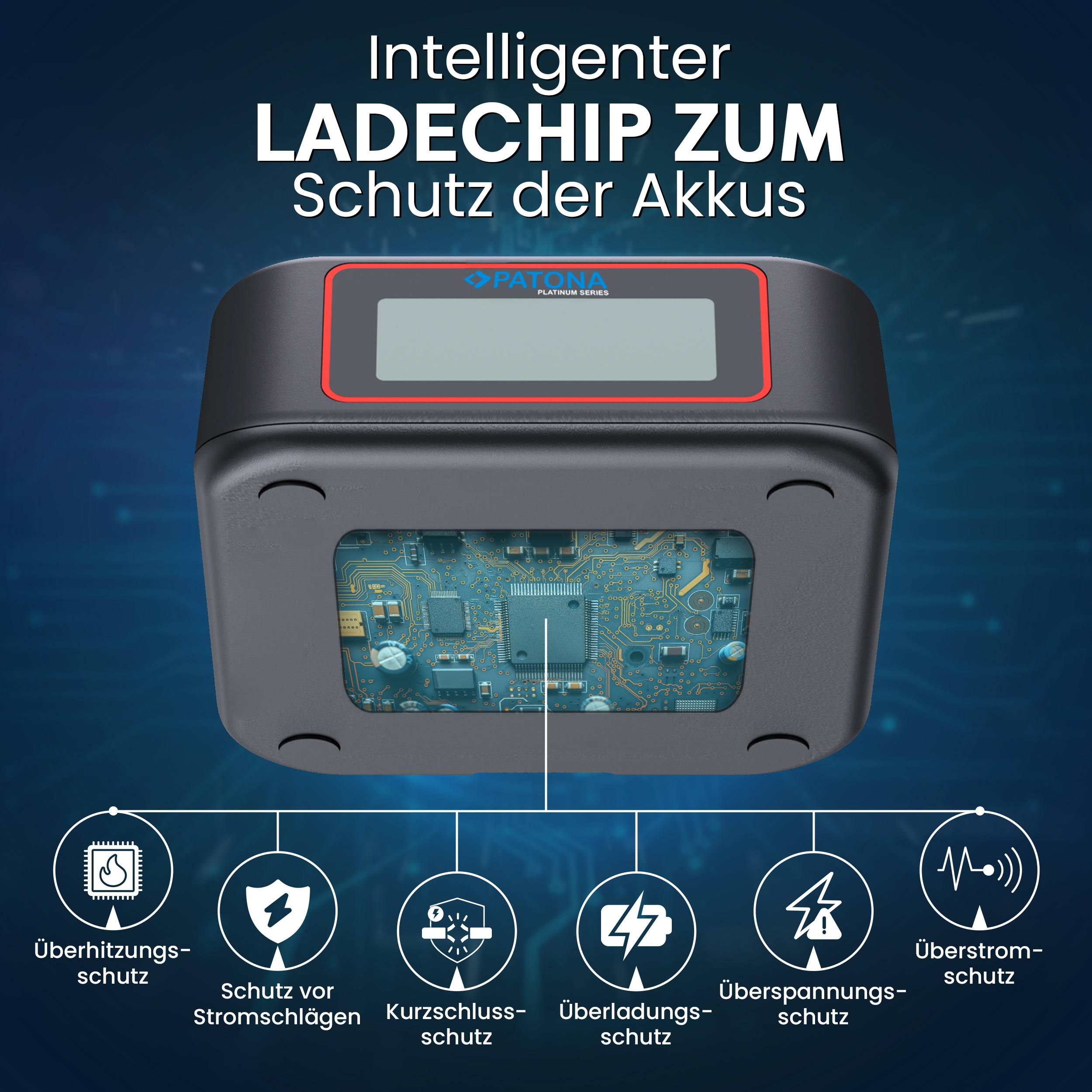 Batterieladegerät, digitales Display, Schaltkreisplatine, graues Gerät, rote Umrandung