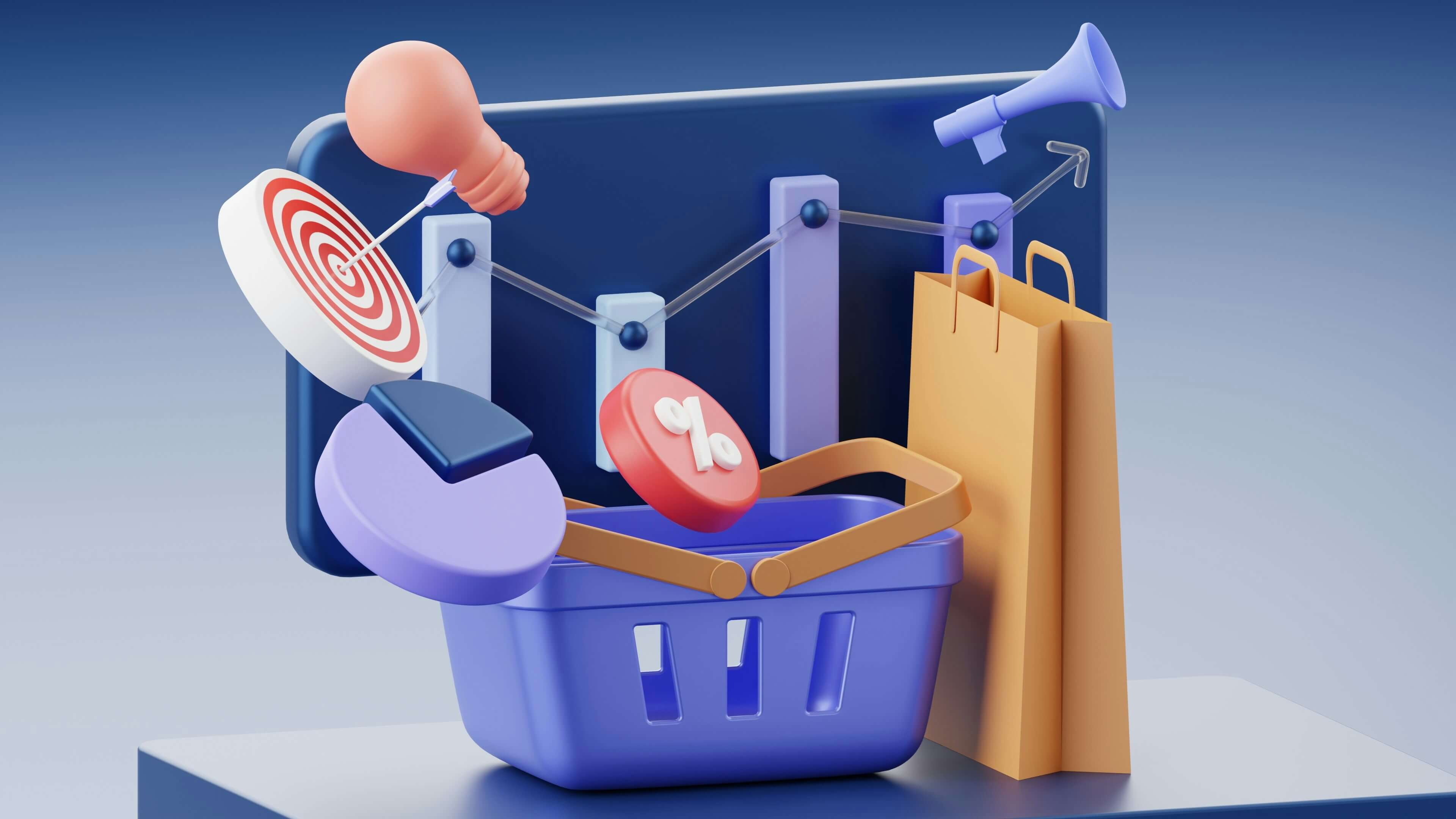 Symbolgrafik mit Einkaufswagen, Zielscheibe, Prozentzeichen, Tüte und Diagramm als Darstellung für Online-Shopping und E-Commerce