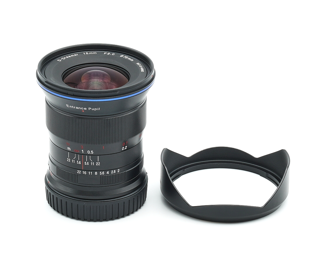 Kameraobjektiv, 15mm Brennweite, f/2.0, manueller Fokus, Objektivdeckel-Accessoire