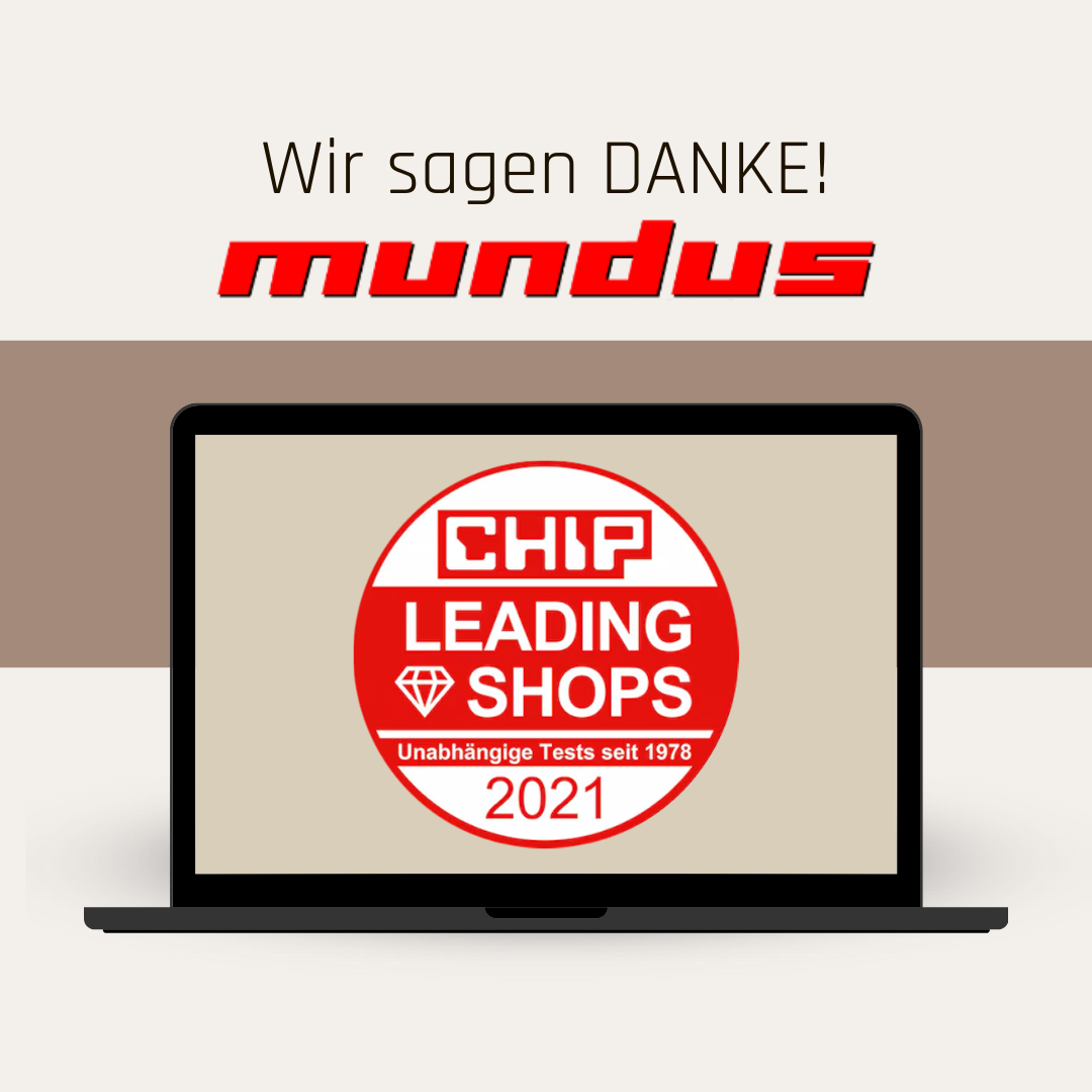 Foto Mundus ist CHIP Leading Shop 2021 – Vielen Dank! Auszeichnung „CHIP Leading Shops 2021“ auf einem Laptopbildschirm – Foto Mundus sagt Danke