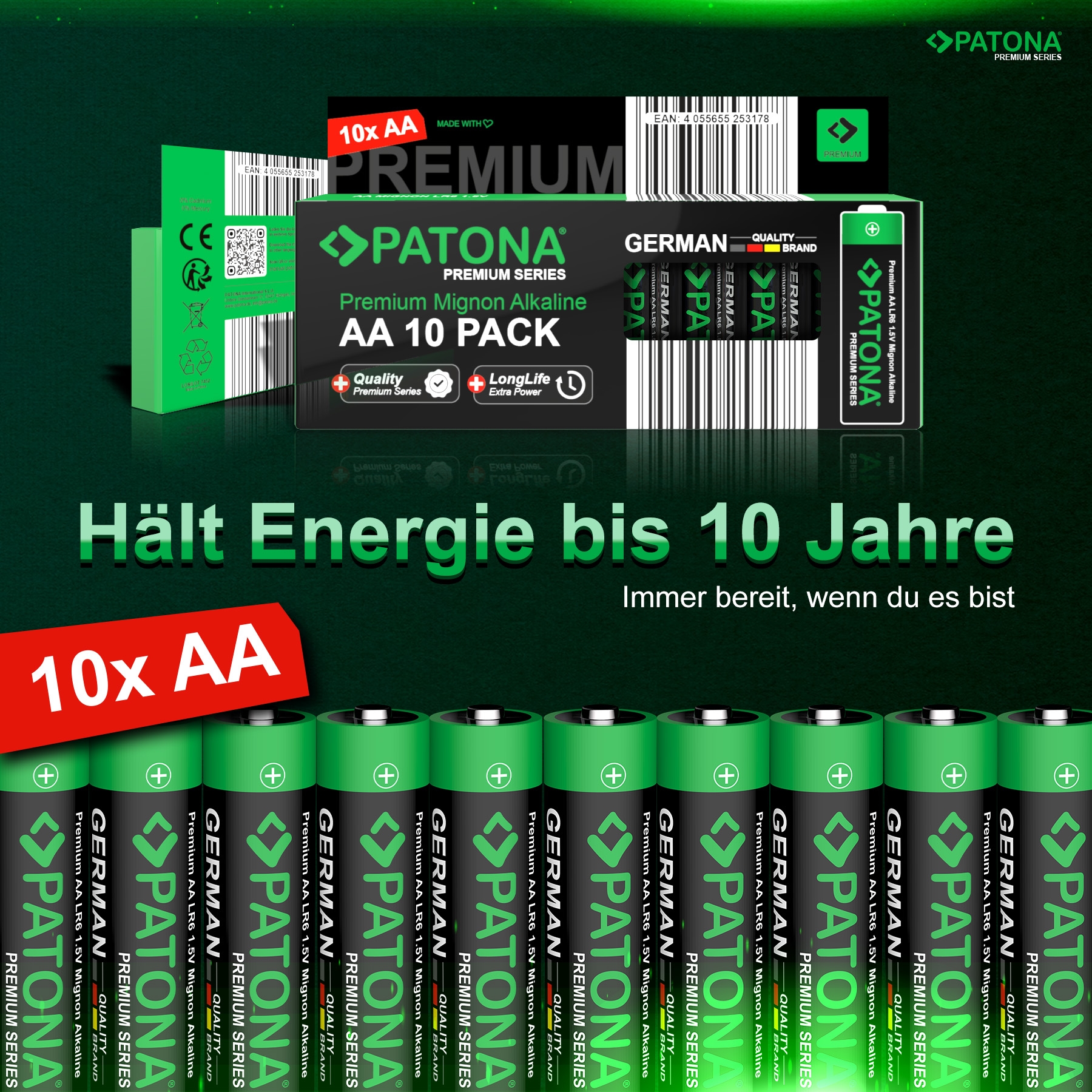 PATONA Premium 10 Stück Alkaline AA Mignon LR06 Batterie