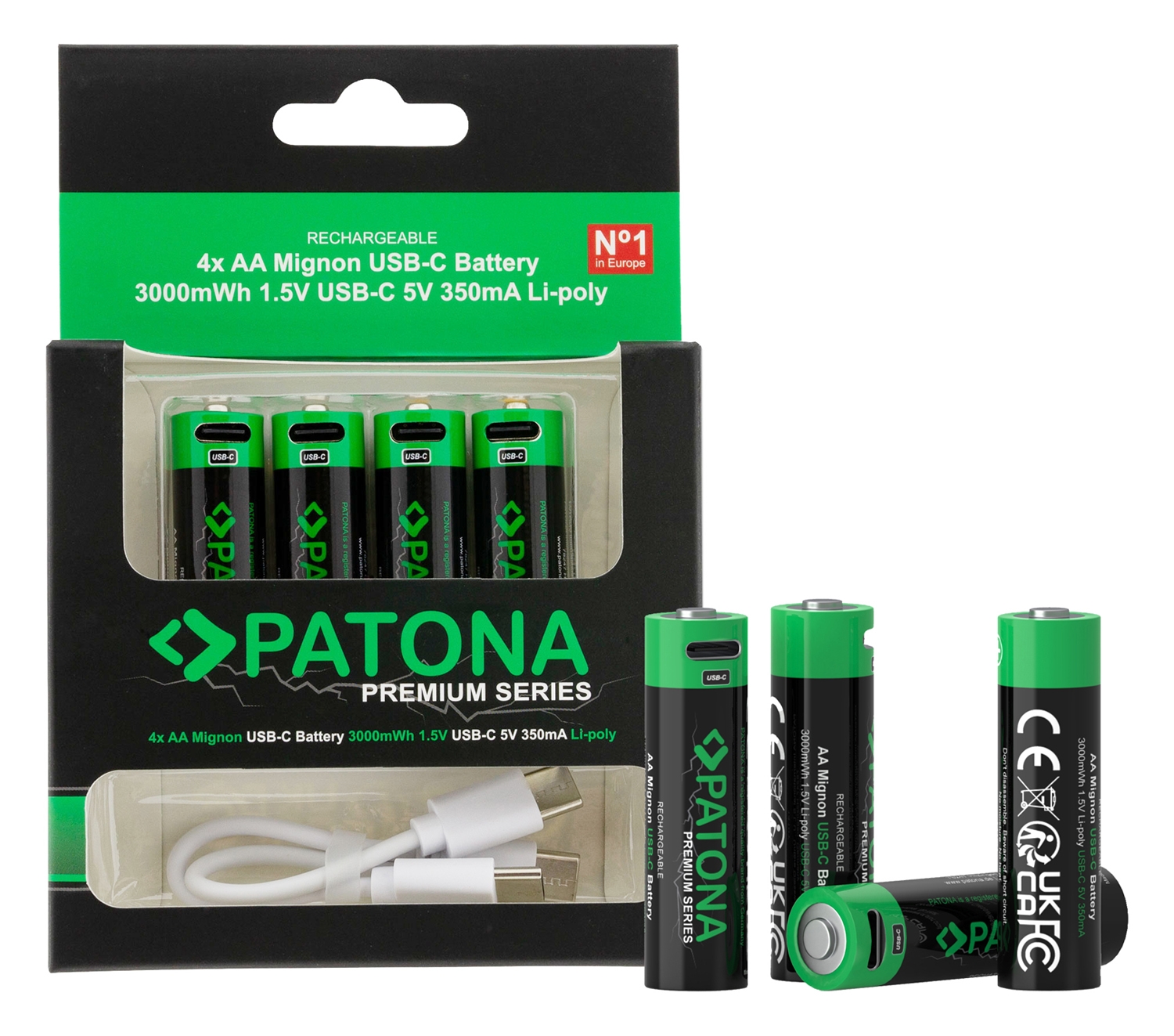 PATONA Premium USB-C 4x AA Mignon Akkus Lithium 3000mWh 1.5V aufladbar mit 1 zu 2 USB-C Ladekabel