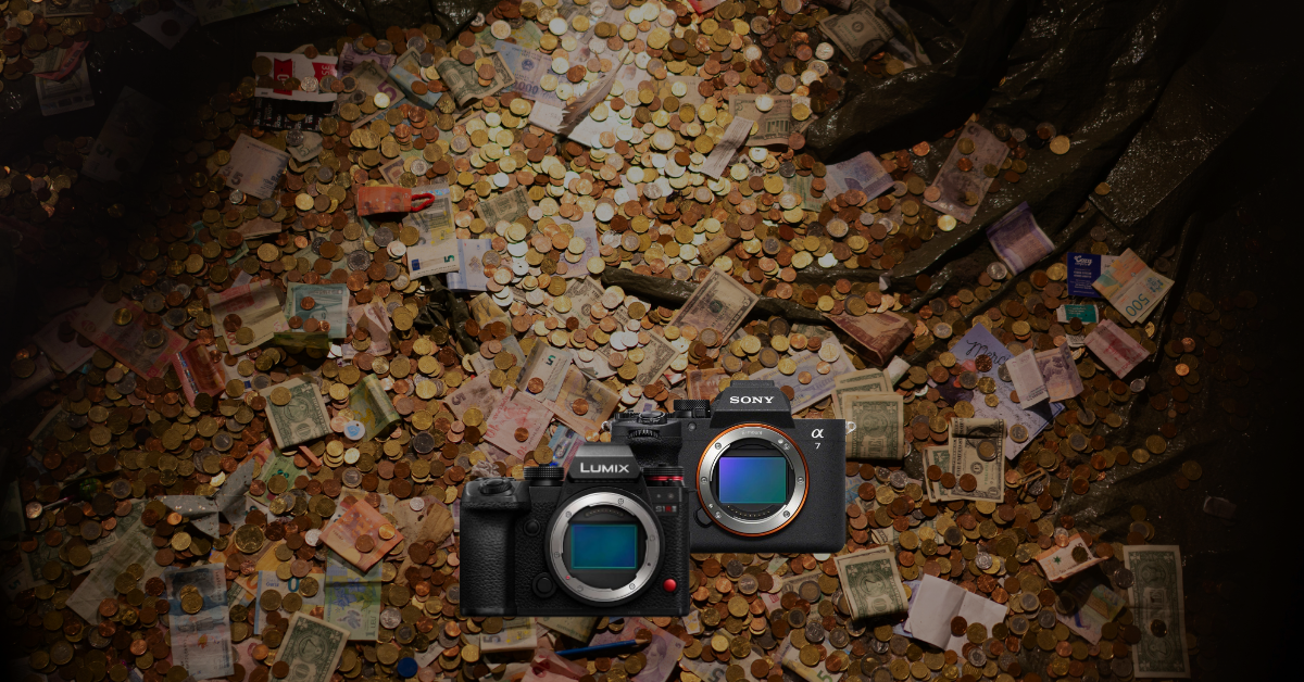 spiegelreflexkamera, digitale kamera, zwei kameras, geldmünzen, währungscheine