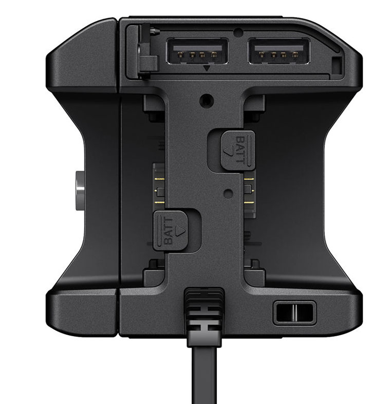 Ladestation, Batteriegriff, Dual-USB-Anschlüsse, Eingangsanschluss, Befestigungsschlitz