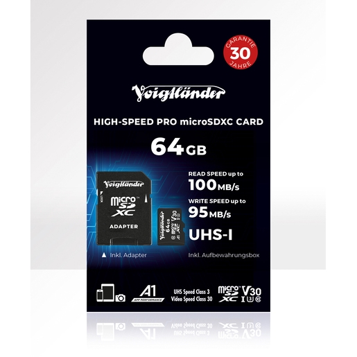 Voigtländer 64GB microSDXC Prof. High- Speed UHS-I, Cl10, U3, V30 (100/95 MB/s)