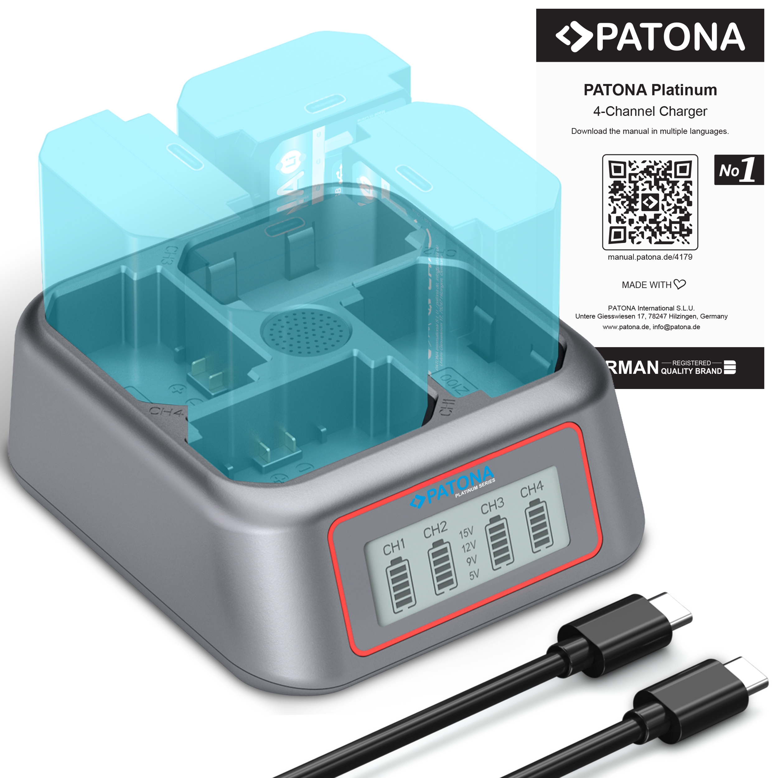 Ladestation, Batterieladegerät, 4-Kanal, USB-C, LED-Anzeigen