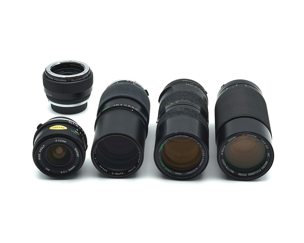 objektiv, telekonverter, makroobjektiv, zoomobjektiv, objektivset