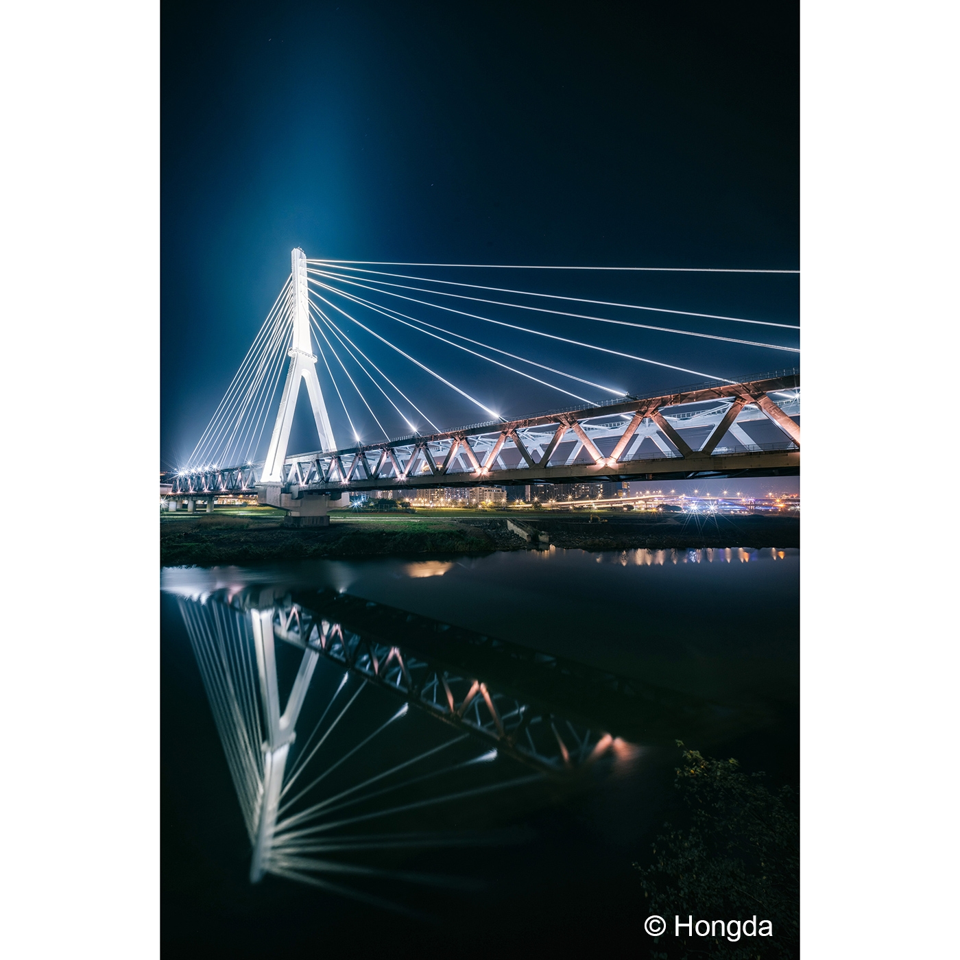 Brücke, Hängebrücke, Nacht, Wasser, Reflexion